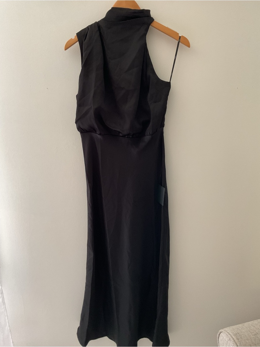 Lulus Distinctive Charm Black Satin Asymmetrical Mock Neck Satin Midi Dress M - Picture 5 of 15